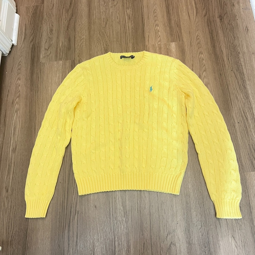 Polo Ralph Lauren Women Large Yellow Cable Knit 100% Cotton Crewneck Sweater